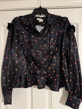 Spell Black Satin Floral Ruffle Blouse